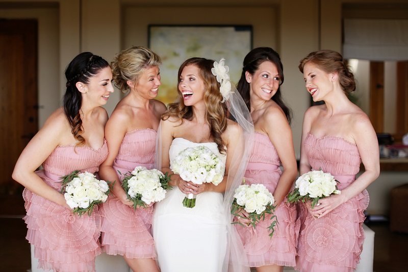 White bridal bouquets pink bridesmaids dresses beach weddings mexico elena damy