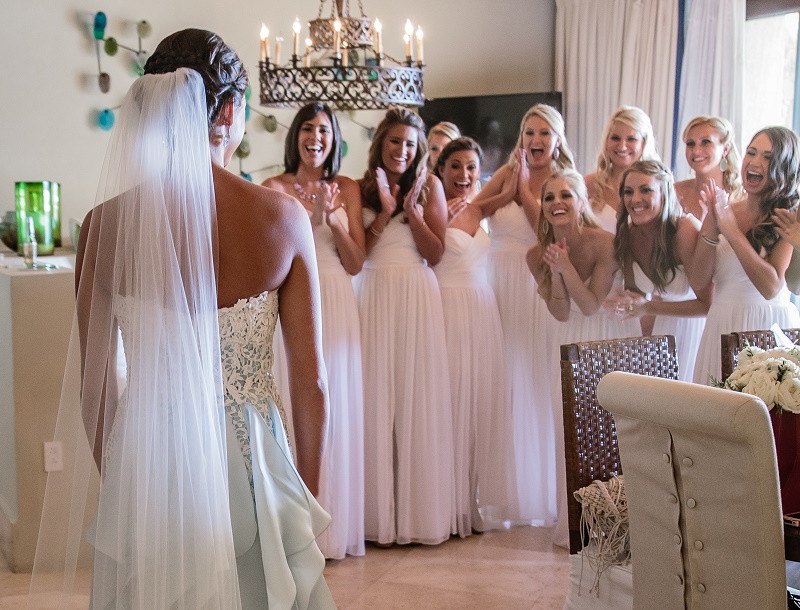 bridesmaids first look at bride destination weddings mexico