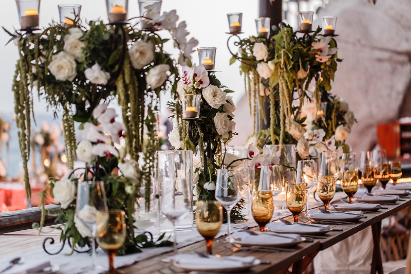 long dinner tables tall flower arrangements destination weddings mexico elena damy florist