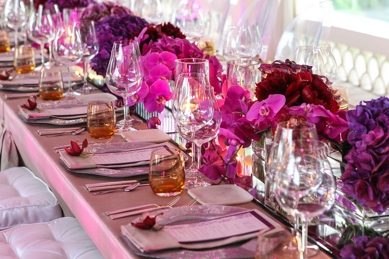 long floral centerpieces for beach events mexico purple orchids mirror tables elena damy