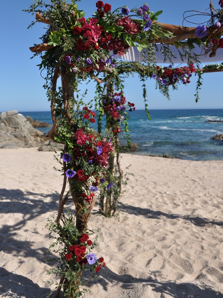 red and purple flowers beach weddings mexico elena damy floral design los cabos 7 ceremony canopy