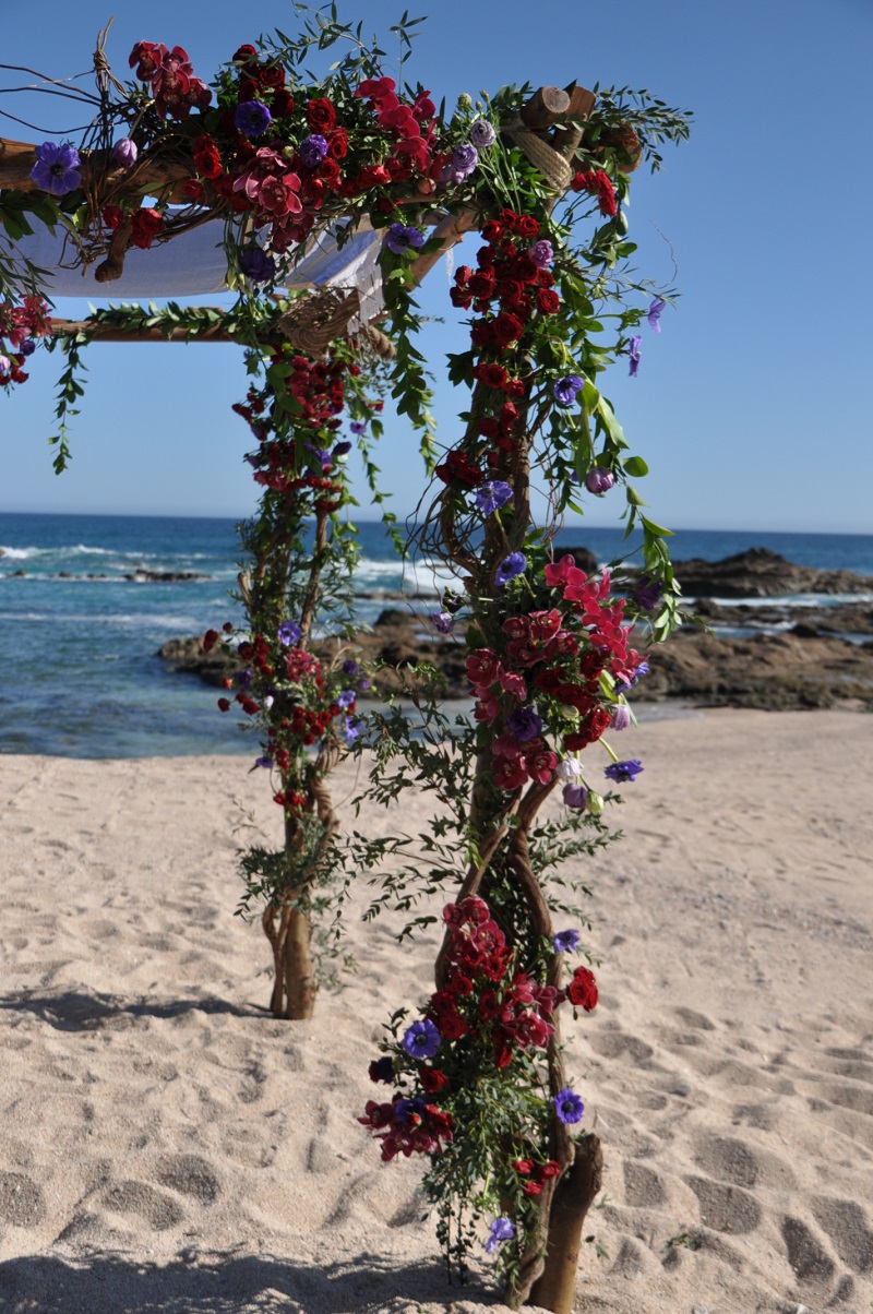 red and purple flowers beach weddings mexico elena damy floral design los cabos 9 ceremony canopy for jewish weddings