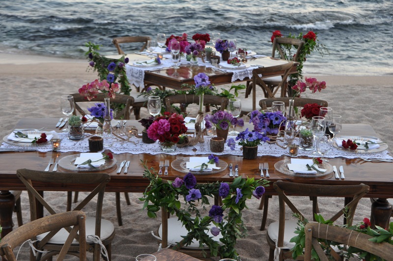 red and purple flowers beach weddings mexico elena damy floral design los cabos wooden tables lace linens 15