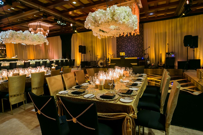 Square Dinner Tables Black and Gold White Wedding Destination Wedding Cabo Hindu Christian Wedding Elena Damy Floral Design Ana and Jerome Photo