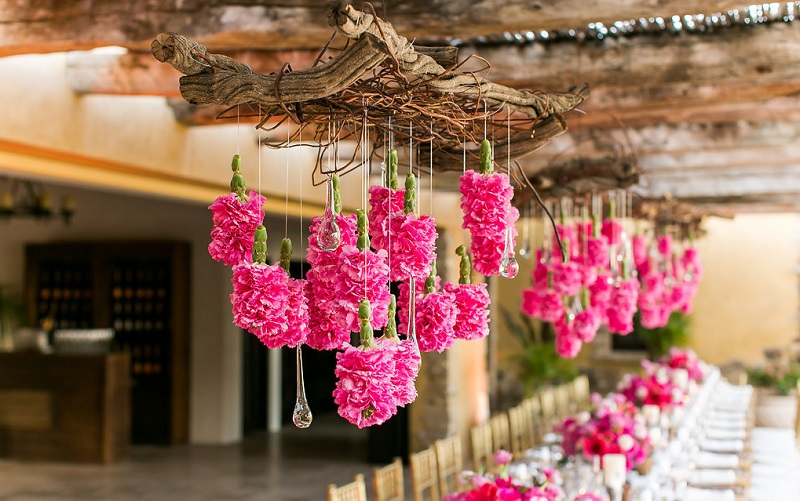 hanging flowers pink floral arrangements destination weddings mexico elena damy event designers