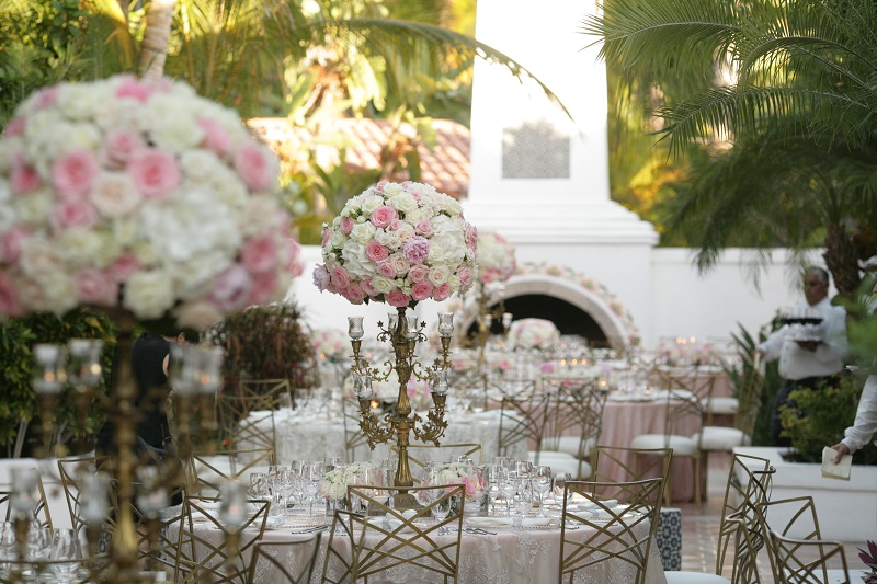 outdoor dinner reception traditional pink and white flowers Cabo Weddings One and Only Palmilla Elena Damy Event Design Cabo Chris Plus Lynn Photo