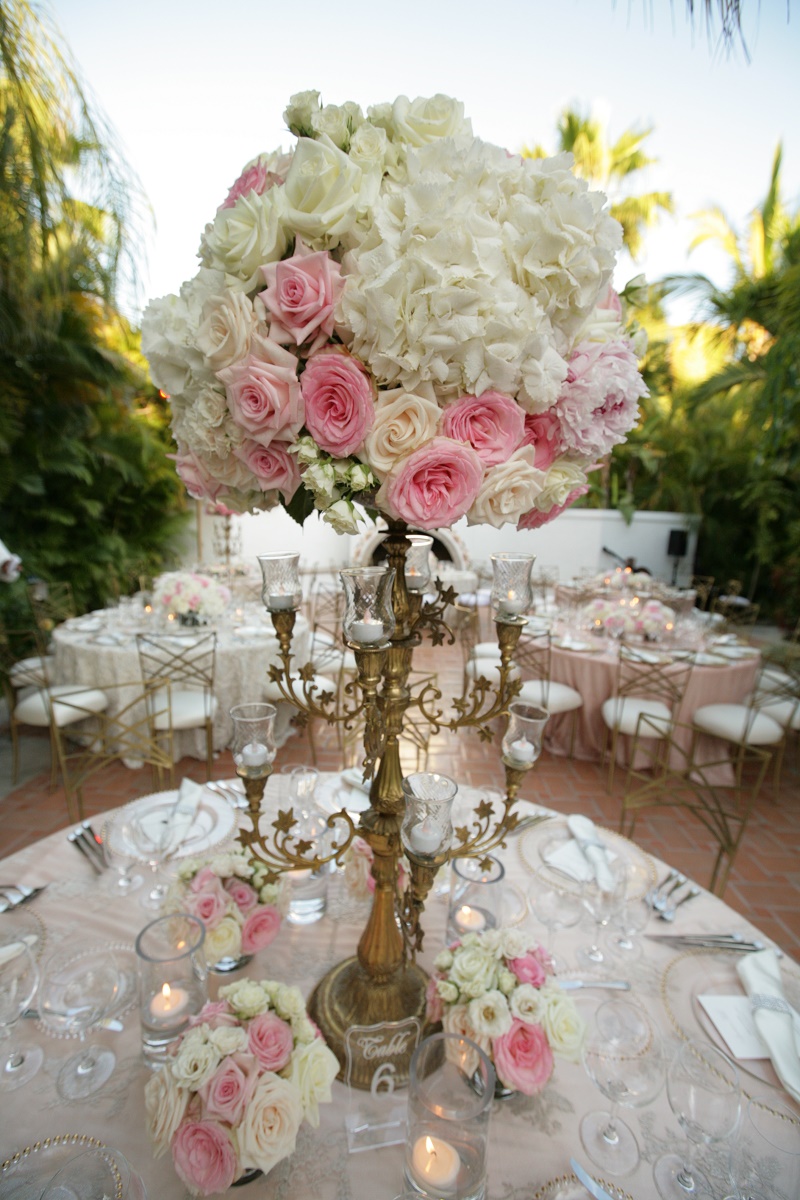 tall gold centerpieces Cabo Weddings One and Only Palmilla Elena Damy Event Design Cabo Chris Plus Lynn Photo