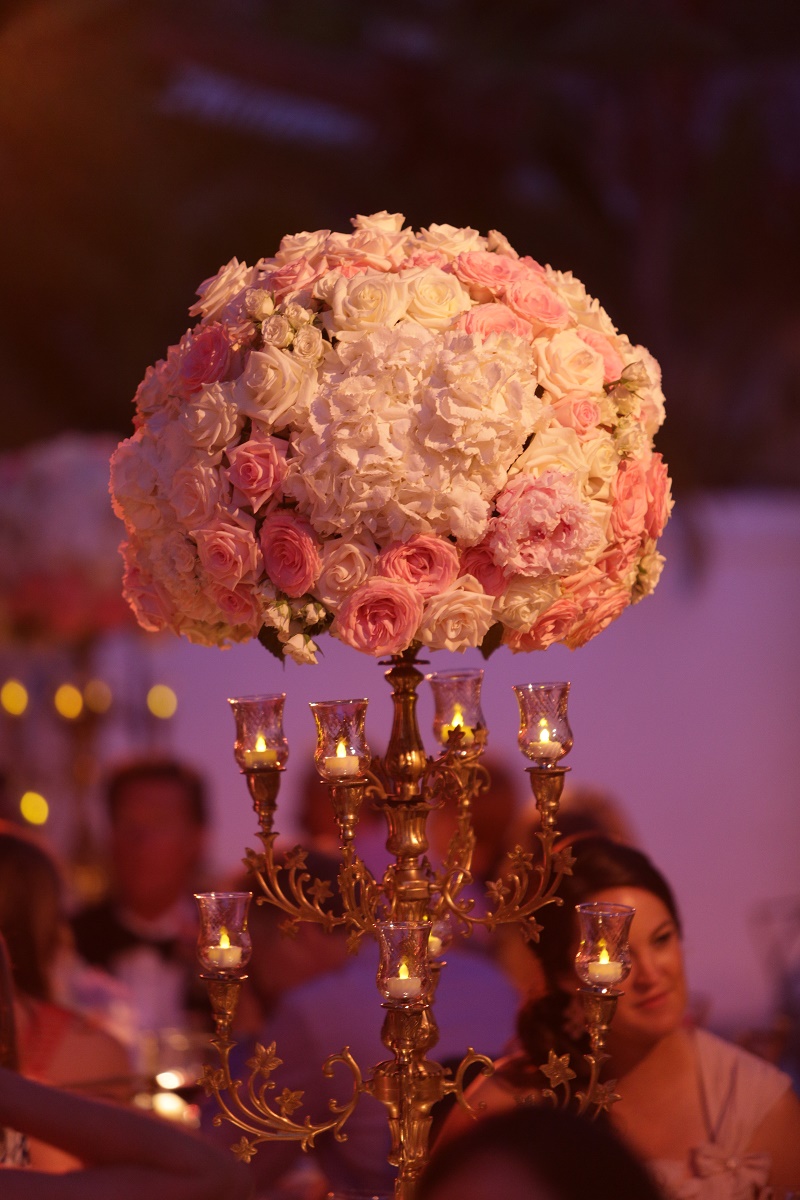 tall traditional floral centerpieces gold pink and white Cabo Weddings One and Only Palmilla Elena Damy Event Design Cabo Chris Plus Lynn Photo