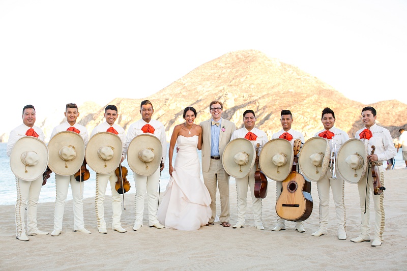 Mariachi Bands with Bride and Groom Cabo San Lucas Elena Damy Floral Design Nancy Aidee Photography