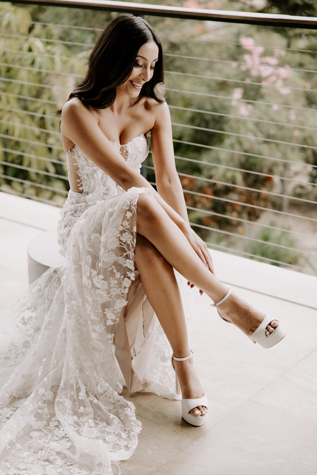 bride in lace strapless gown